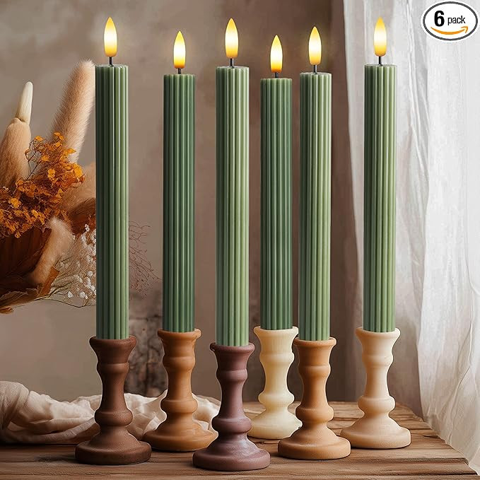 6 Pack, 10" LED Flameless Loden Green Fluted Ribbed Grooved Taper Candles, Remote & 24h Timer Mem... | Amazon (US)