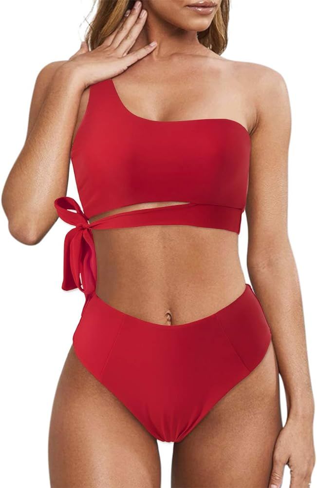 MOOSLOVER Women One Shoulder High Waisted Bikini Tie High Cut Two Piece Swimsuits | Amazon (US)