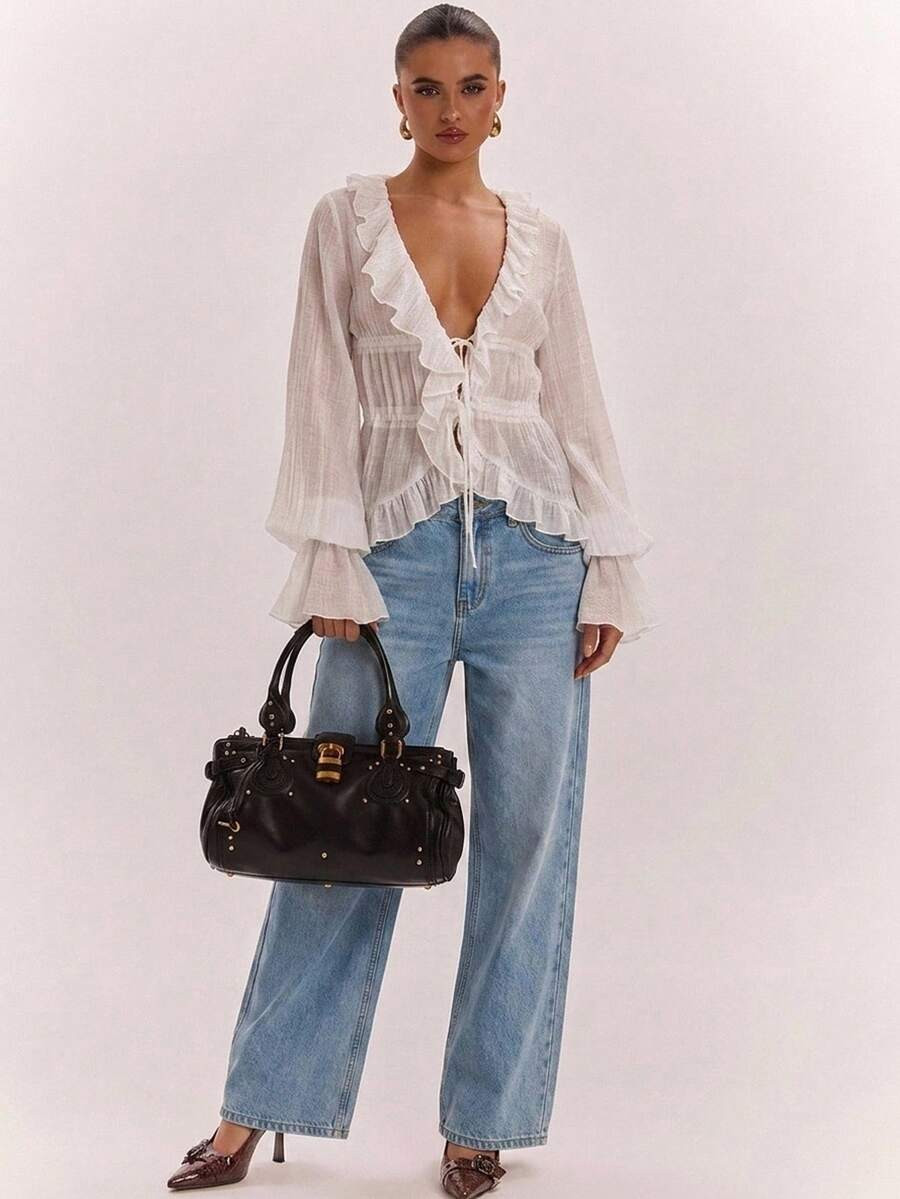 SHEIN BAE Autumn Solid White Sexy Boho Casual Romantic V-Neck Ruffle Long Sleeve Tie Hem Women's Blouse, Vacation Travel Shirt, Valentine's Day, Sweet, Daily | SHEIN
