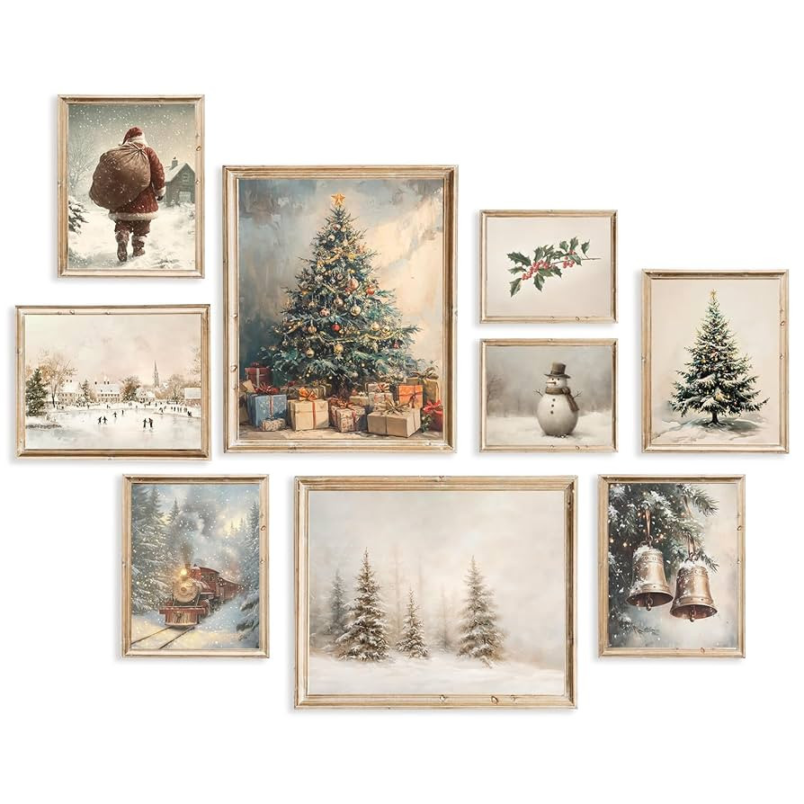 ASTRDECOR Vintage Christmas Wall Art, 9-Piece Winter Holiday Poster Set, Santa, Snowman, Pine Tre... | Amazon (US)