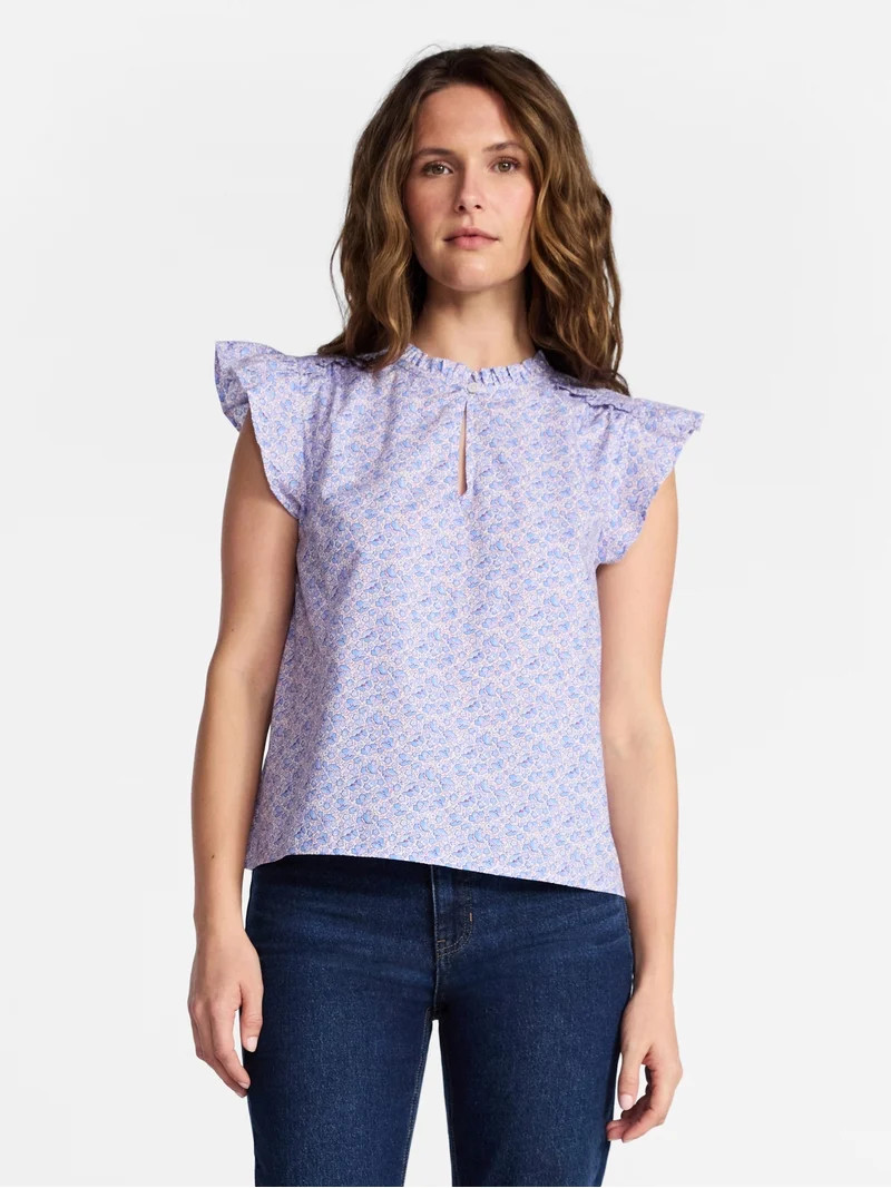 Time and Tru Women's Cotton Split Neck Top with Flutter Sleeves, Sizes XS-XXXL | Walmart (US)