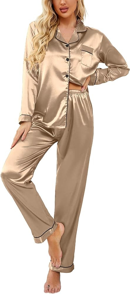 Ekouaer Women's Classic Button Down Long Satin Silk Pajama Set | Amazon (US)