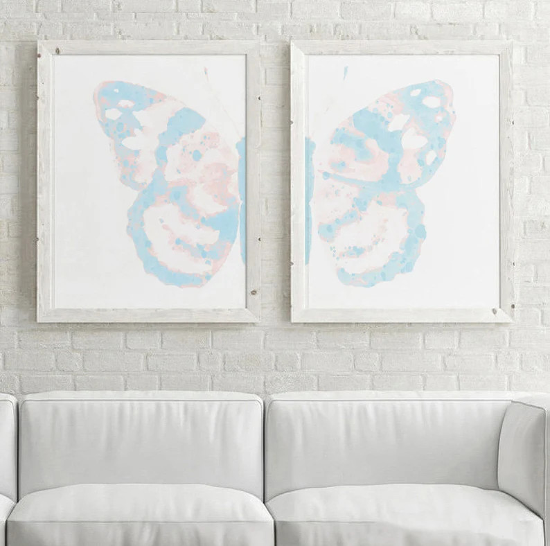 Butterfly Art Print, Nursery Wall Decor, Pastel Butterfly Prints, Pink and Blue Wings, Minimalist... | Etsy (US)