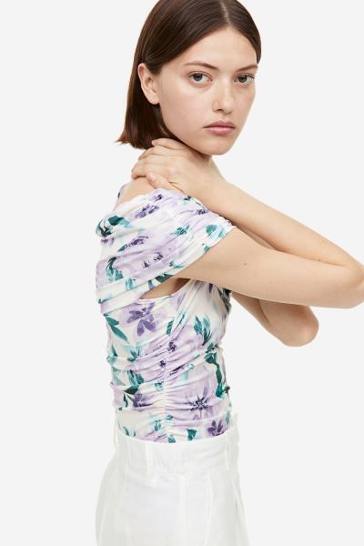 Gathered Thong Bodysuit - White/purple floral - Ladies | H&M US | H&M (US + CA)