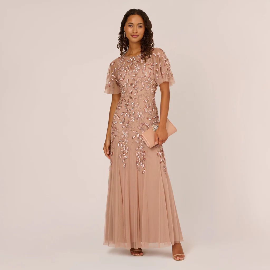 Long Floral Beaded Gown With Flutter Sleeves In Rose Gold | Adrianna Papell