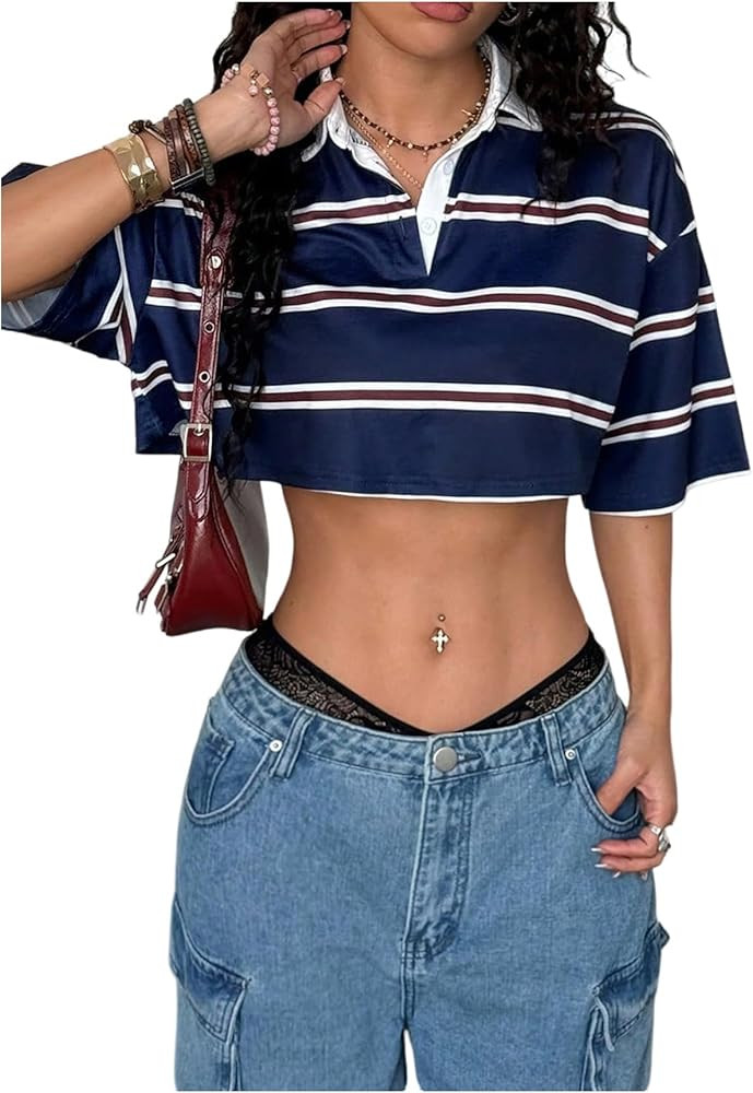 Milumia Women's Striped Collared Crop Top Shirt Half Sleeve Cropped Rugby Shirt Y2k Going Out | Amazon (US)