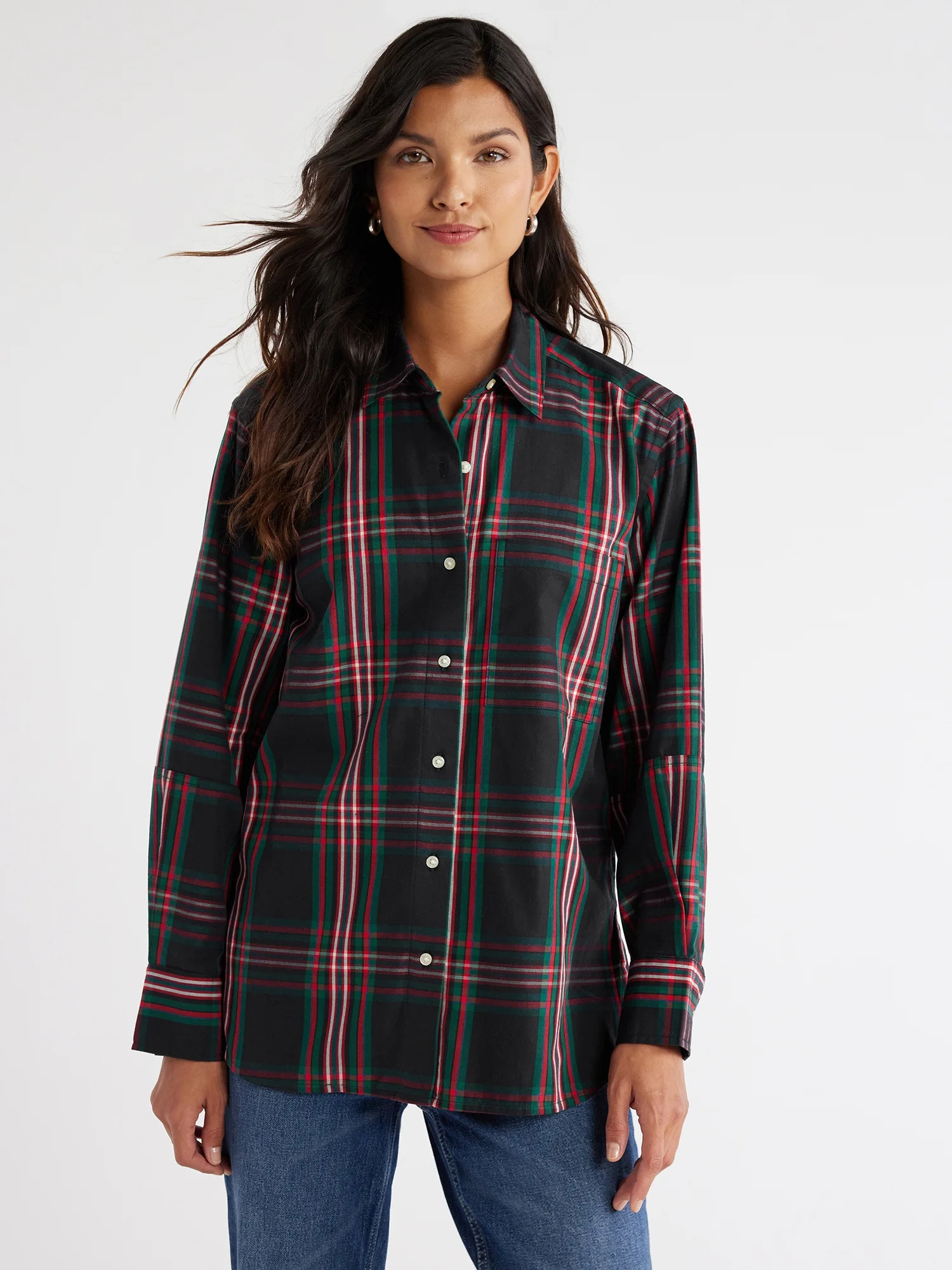 Free Assembly Women's Button-Down Boxy Tunic Shirt with Long Sleeves, Sizes XS-XXXL | Walmart (US)