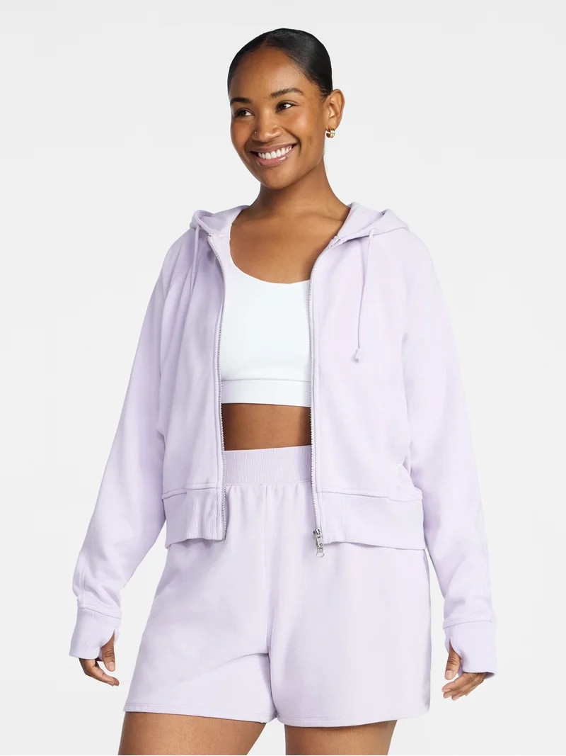 Athletic Works Women's Mineral Wash French Terry Cropped Zip Hoodie, Size XS-XXXL | Walmart (US)