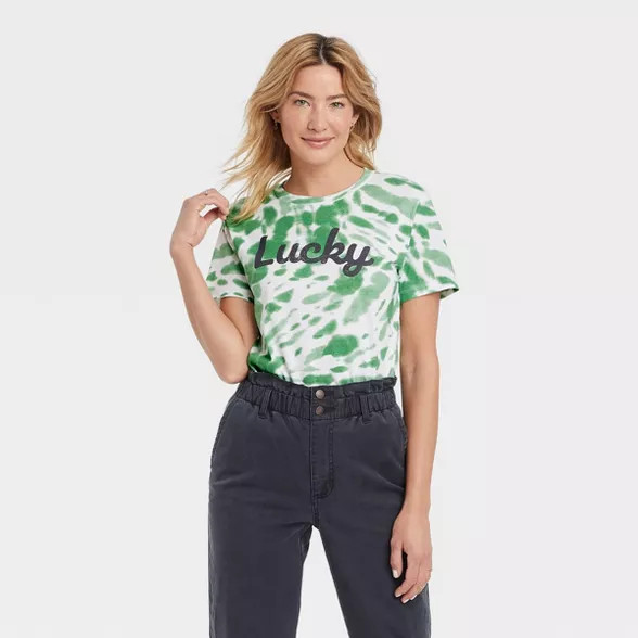 Women's St. Patrick's Day Lucky Short Sleeve Graphic T-Shirt - Green Tie-Dye | Target