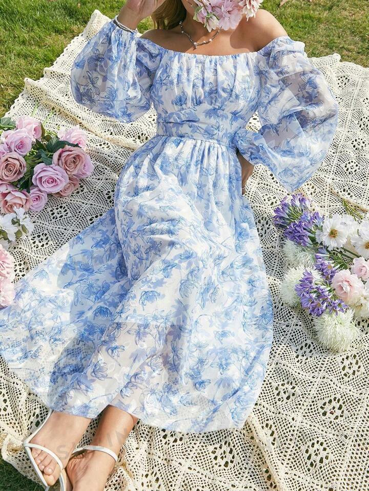 SHEIN WYWH Romantic Full Printed Lantern Sleeve Long Maxi Dress With Gathered Bust | SHEIN