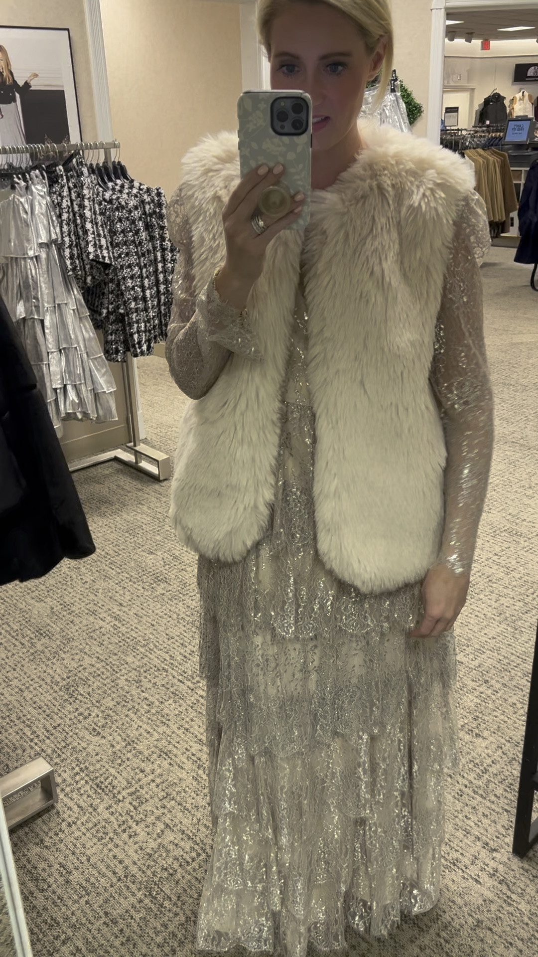 Born on Fifth x Dillard’s Collection launching Monday October 23 at 10 am! 
 
I’m 5’9 135 lbs and normally wear a size 6 medium. 

Fur Vest - sized down from a medium to a small! 

Dress - runs true to size! I’m wearing a size 6. 

Grandmillennial, holiday outfit, holiday, holiday skirt, black velvet jacket, Christmas outfit, new years outfit, sequins 

#LTKHoliday