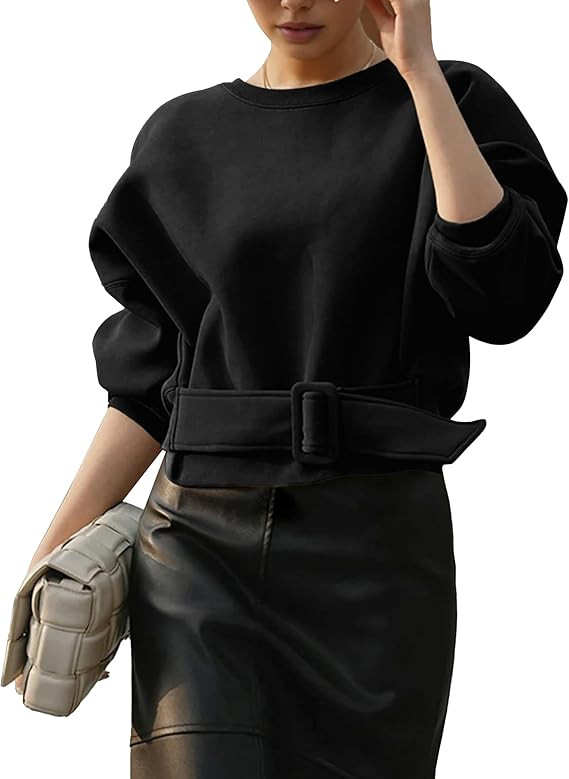 Womens Long Sleeves Cropped Sweatshirts Belted Lace Up Tops Crewneck Y2K Pullover 2025 Fall Outfi... | Amazon (US)