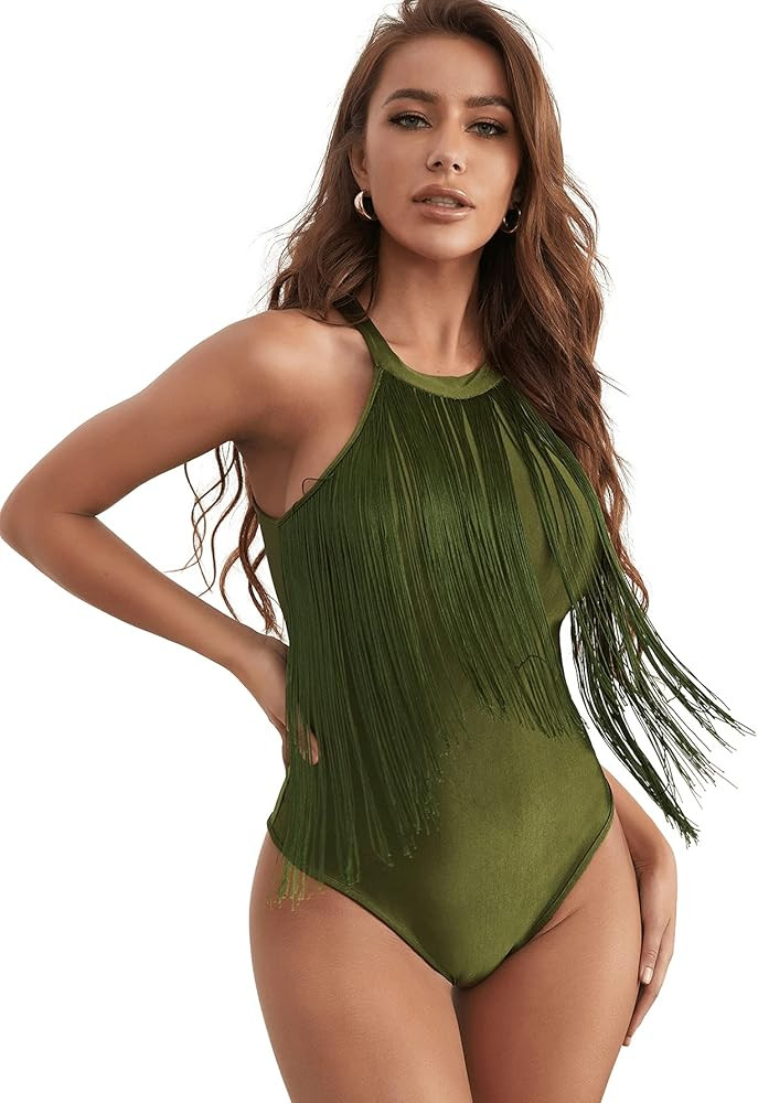 Amazon.com: Verdusa Women's Fringe Sleeveless Bodycon Leotard Halter Bodysuit Top Black L : Clothing | Amazon (US)