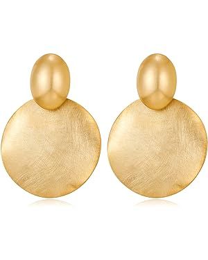 FAMARINE Big Disc Drop Earrings Gold Dangle Earrings Round Hammered Earrings Women | Amazon (US)