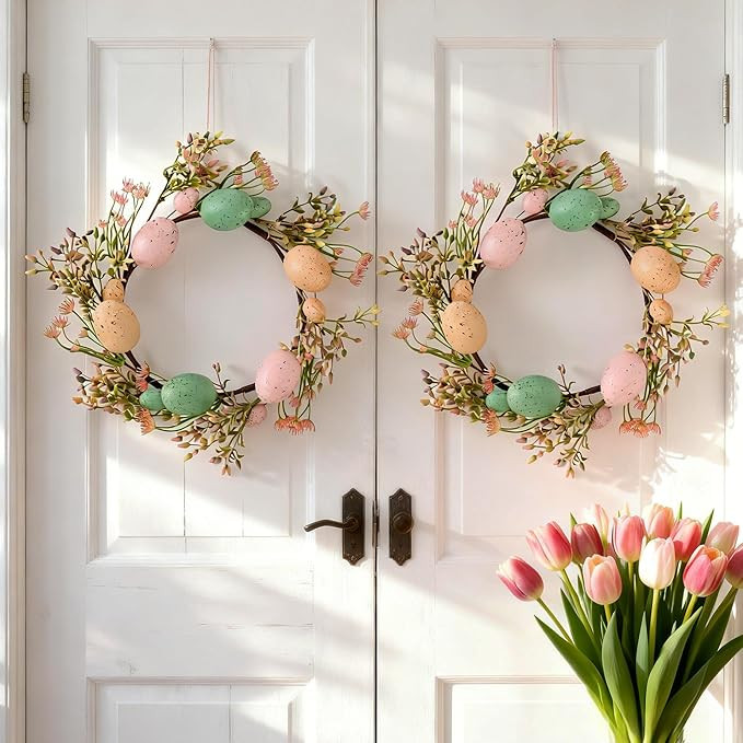 2 Pack Easter Egg Wreath for Front Door, 16 Inch Handmade Spring Wreaths with Macaron Pastel Eggs... | Amazon (US)