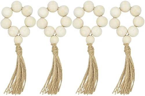 VOSAREA 4 pcs Wood Bead Napkin Rings with Tassels Rustic Farmhouse Wood Beads Garland Wall Hangin... | Amazon (US)