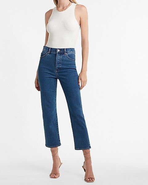 Super High Waisted Dark Wash Cropped Straight Jeans | Express