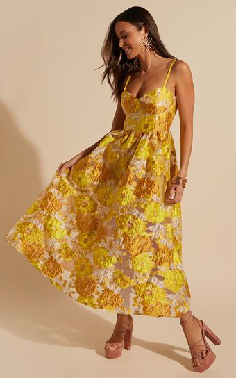 Brailey Midi Dress - Aline Corset Detail Dress in Yellow | Showpo (US, UK & Europe)