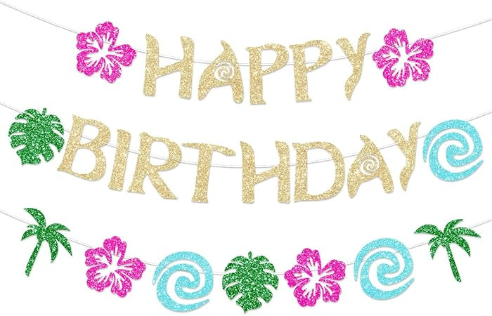 Hawaiian Moana Birthday Banner Party Decoration Glittery Gold for Happy Birthday Tropical Luau Su... | Amazon (US)