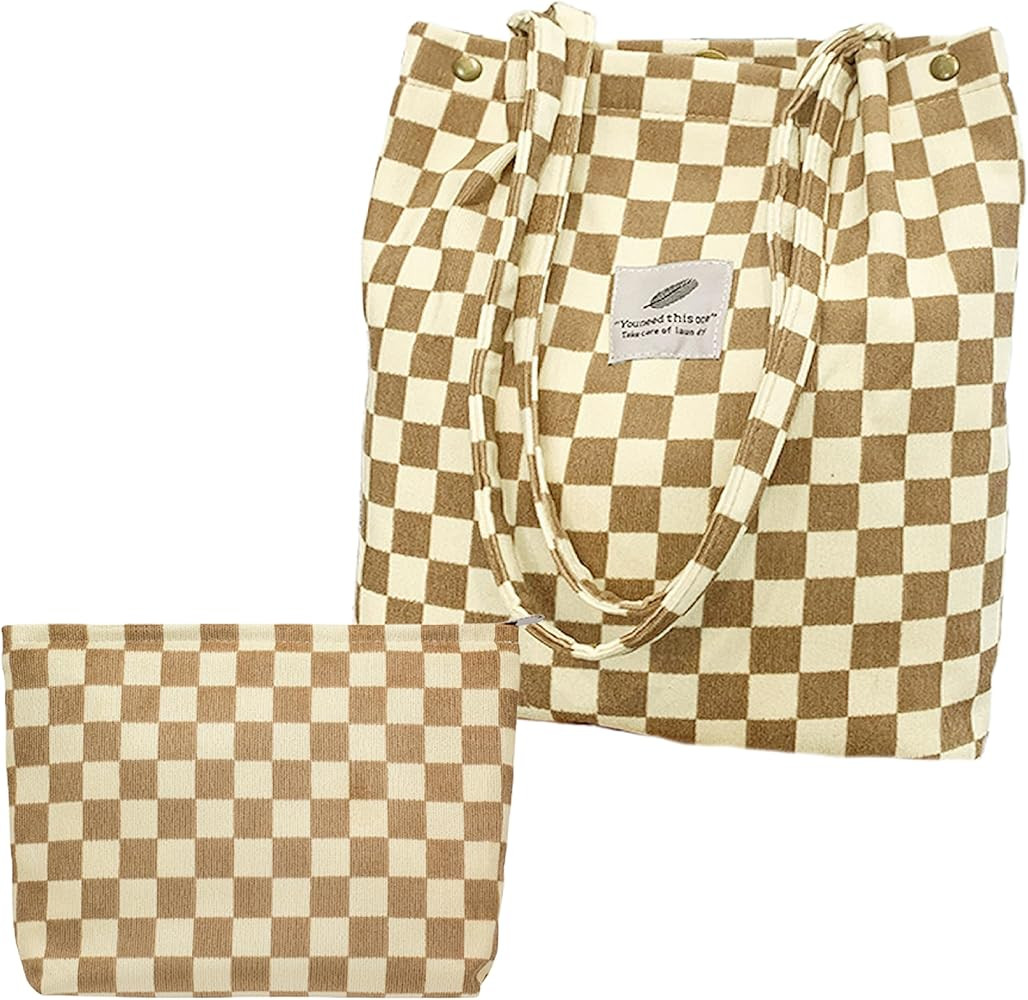 Kovewon 2 Pcs Corduroy Tote Bag for Women Cute Checkered Makeup Bag Aesthetic Tote Bag with Canva... | Amazon (US)
