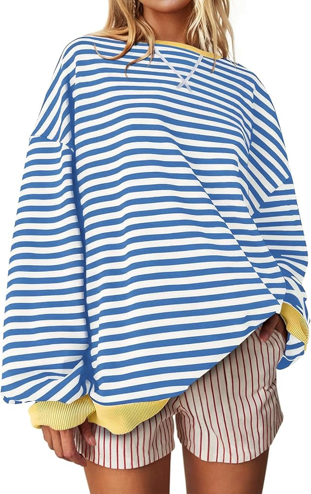 UEU Women Oversized Striped Crewneck Sweatshirt Long Sleeve Color Block Pullover Tops Casual Loos... | Amazon (US)