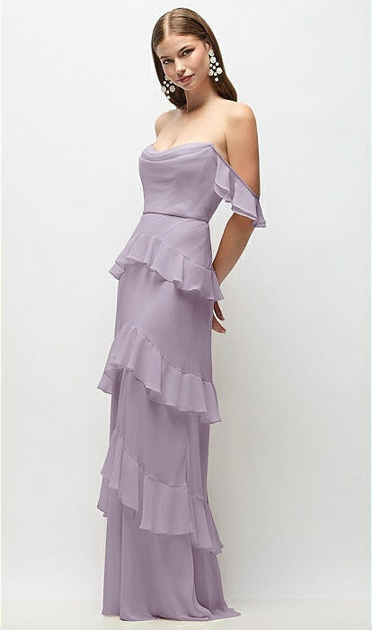 Off-the-Shoulder Cowl Chiffon Tiered Ruffle Maxi Dress with Convertible Ruffle Straps in Lilac Ha... | Dessy Group