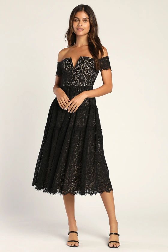 Absolutely Stunning Black Lace Off-the-Shoulder Midi Dress | Lulus (US)