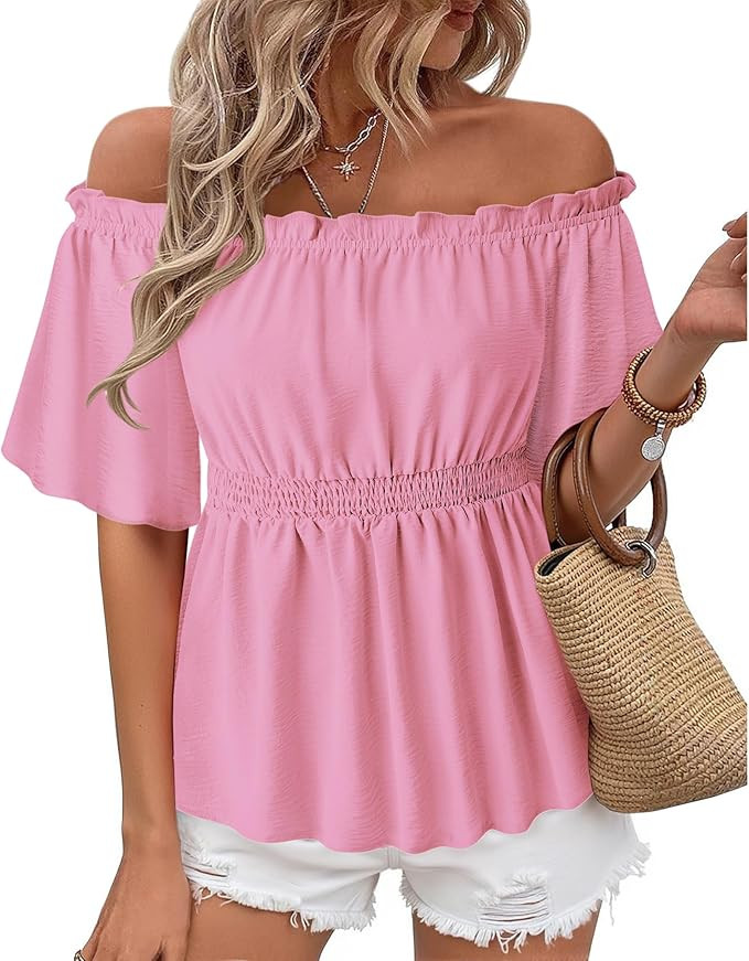 Bebonnie Women's Summer Sexy Off The Shoulder Peplum Tops Ruffle Sleeve Dressy Blouses | Amazon (US)