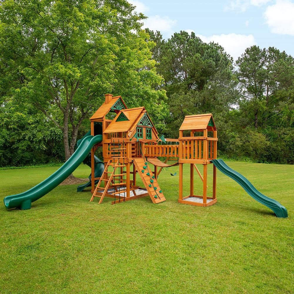 DIY Treasure Trove II Treehouse Wooden Outdoor Playground Set with Slides, Sandbox, Swing Set, and Playground Equipment | The Home Depot