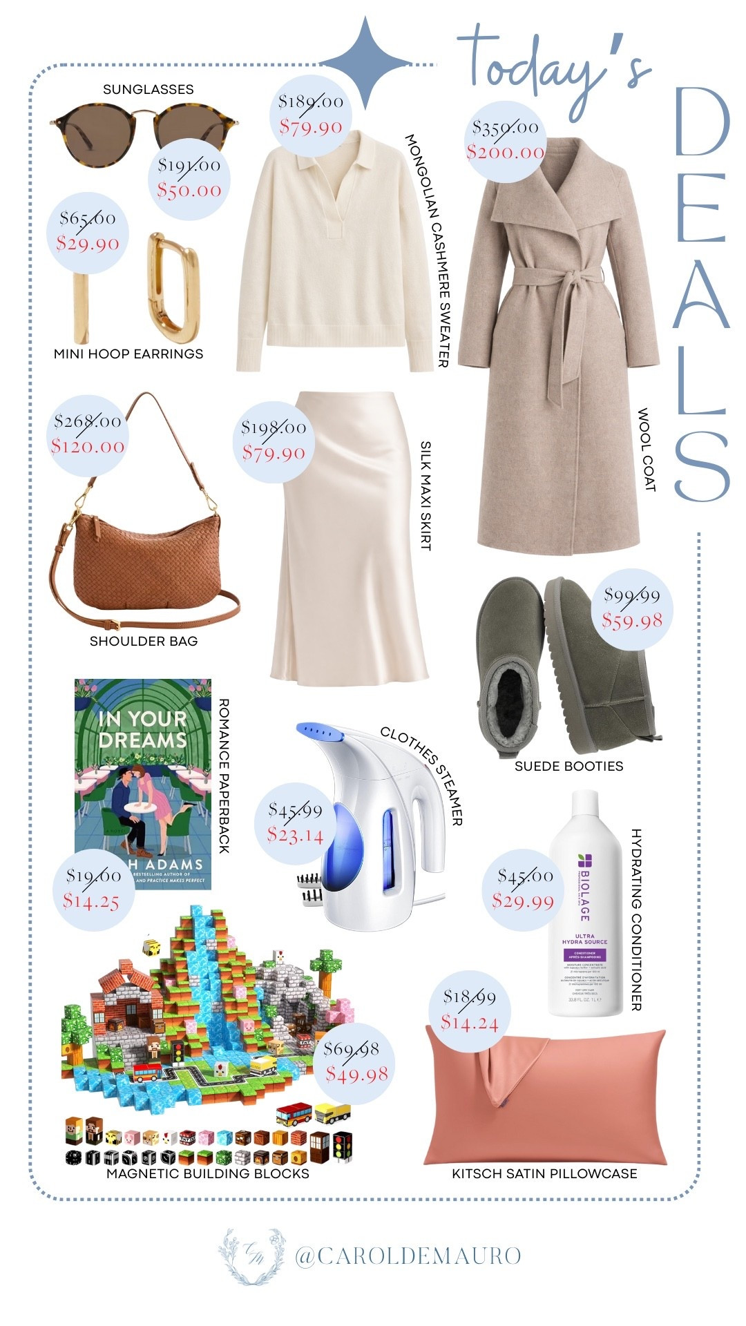 Time to shop today’s picks featuring a cozy cashmere sweater, classic wool coat, silk maxi skirt, chic sunglasses, mini hoop earrings, shoulder bag, suede shoes, In Your Dreams paperback, clothes steamer, Biolage conditioner, magnetic building blocks, Kitsch satin pillowcase, and more!

amazon finds, affordable style, everyday fashion, beauty favorites, home essentials, kids toys, on sale now

#LTKSeasonal #LTKSaleAlert #LTKHome