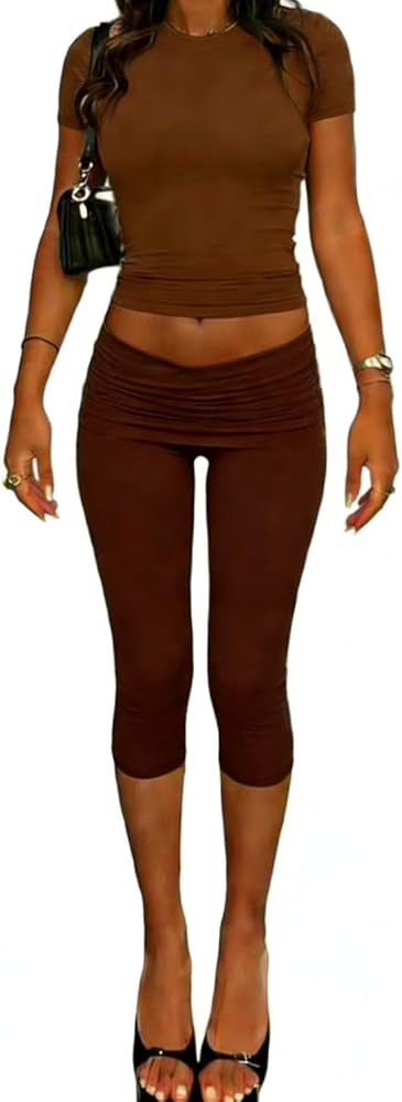 ZFLM casual sports women's two-piece set with short sleeves exposed navel high waistfoldable crop... | Amazon (US)