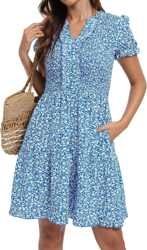 Womens Smcked Floral Summer Dresses V Neck Short Sleeve Swing Tiered Ruffle Mini Beach Dresses wi... | Amazon (US)