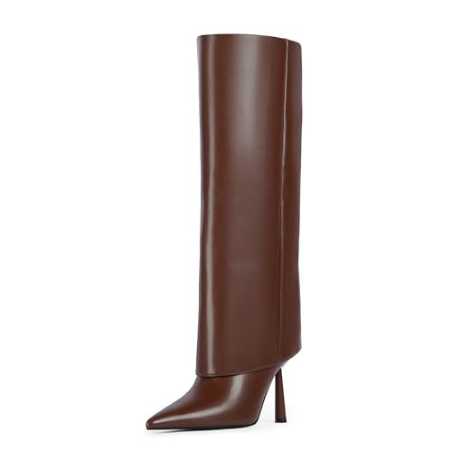 Modatope Brown Boots for Women Fold Over Pointed Toe Knee High Boots High Heel Womens Boots with Side Zipper Size 7.5 | Amazon (US)