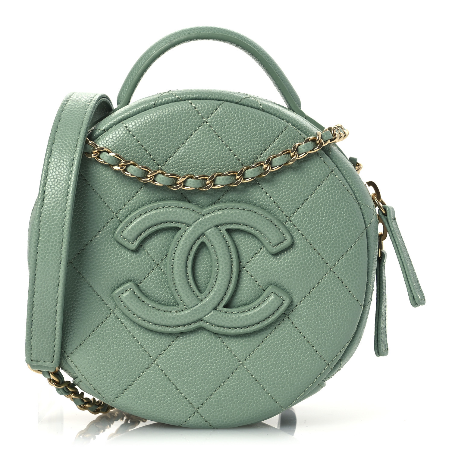 Caviar Quilted Small Round Vanity With Chain Light Green | FASHIONPHILE (US)