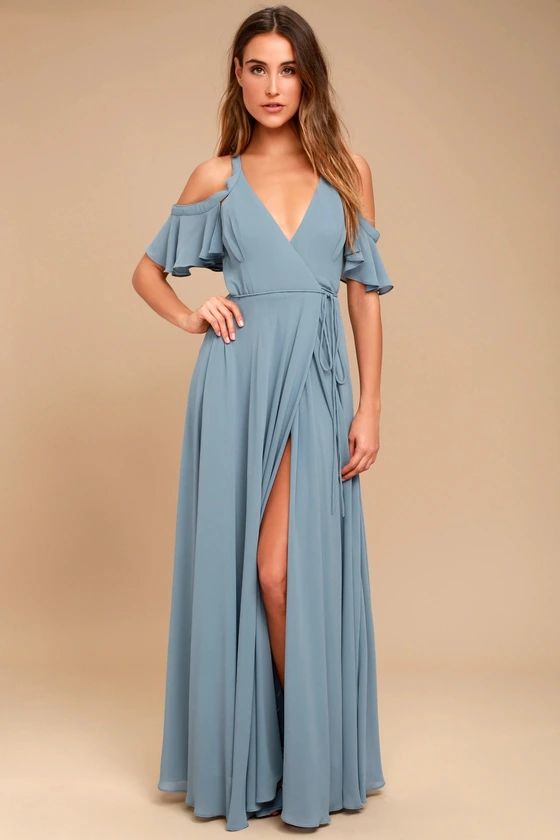 Easy Listening Slate Blue Cold-Shoulder Wrap Maxi Dress | Lulus (US)