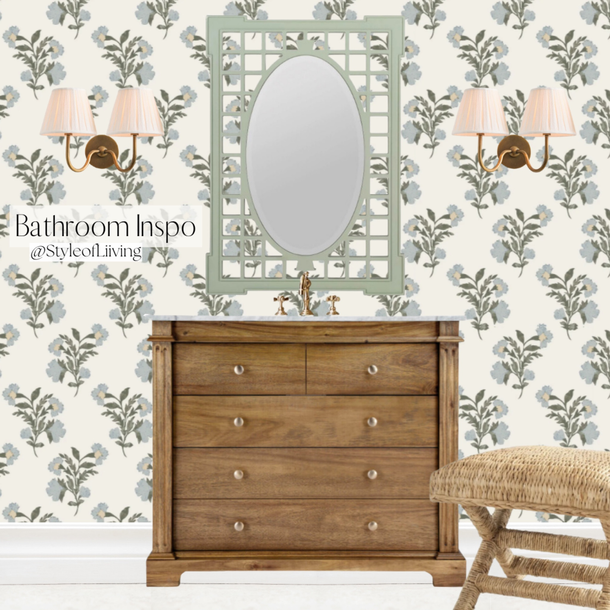 Bathroom inspiration! Brooke and Lou single sink bathroom vanity, garden sage wall mirror, double sconces with pleated shades, sink faucet, woven ottoman stool. Floral wallpaper. Home decor.

#LTKStyleTip #LTKHome #LTKFamily