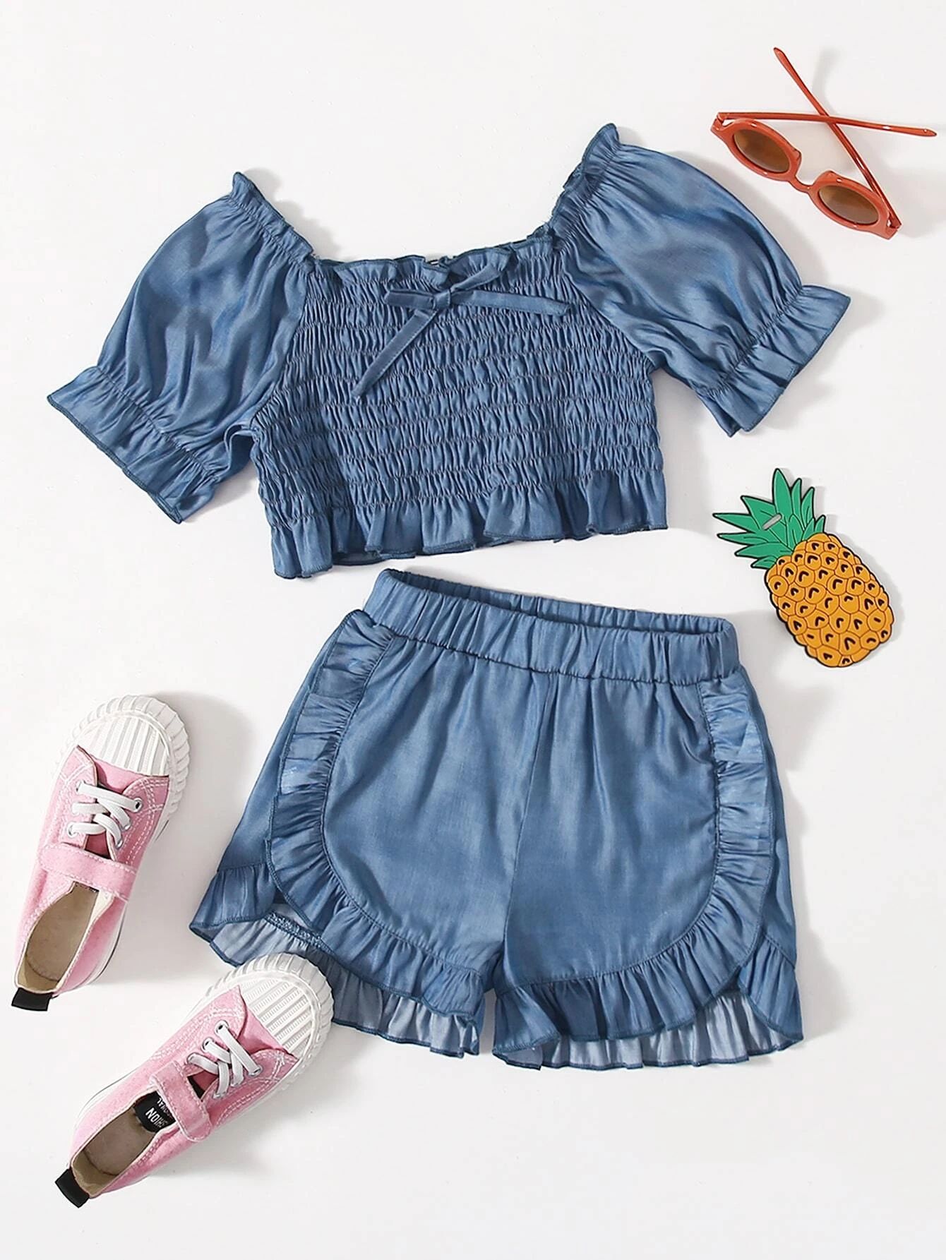 Toddler Girls Shirred Ruffle Trim  Denim Top & Denim Shorts | SHEIN
