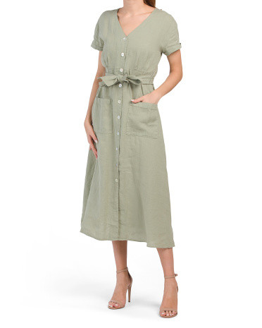 Linen Short Sleeve Belted V-Neck Midi Washed Dress | Marshalls