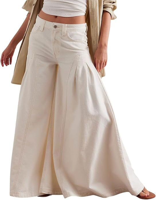 chouyatou Women's Y2k Baggy Jeans Boyfriend Culotte Jeans Flare Wide Leg Loose Denim Pants with P... | Amazon (US)