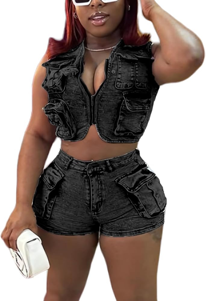 Denim Outfits for Women's 2 Piece Sets Summer Party & Club Cargo Vest Top and Stretchy Jean Short... | Amazon (US)