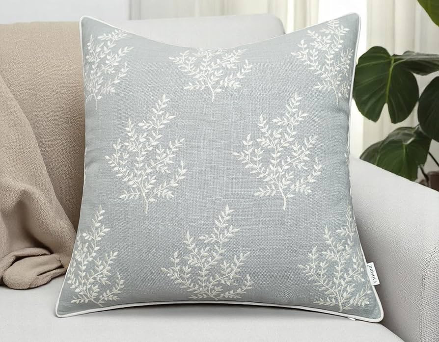 VAGMINE Embroidered Leaves Throw Pillow Cover - 18x18 Inches Square - 100% Cotton Robins Egg Deco... | Amazon (US)