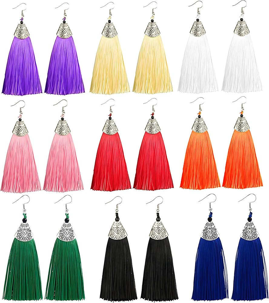 Coadipress 9 Pairs Colorful Long Thread Tassel Earrings Set for Women - Statement Handmade Boho E... | Amazon (US)