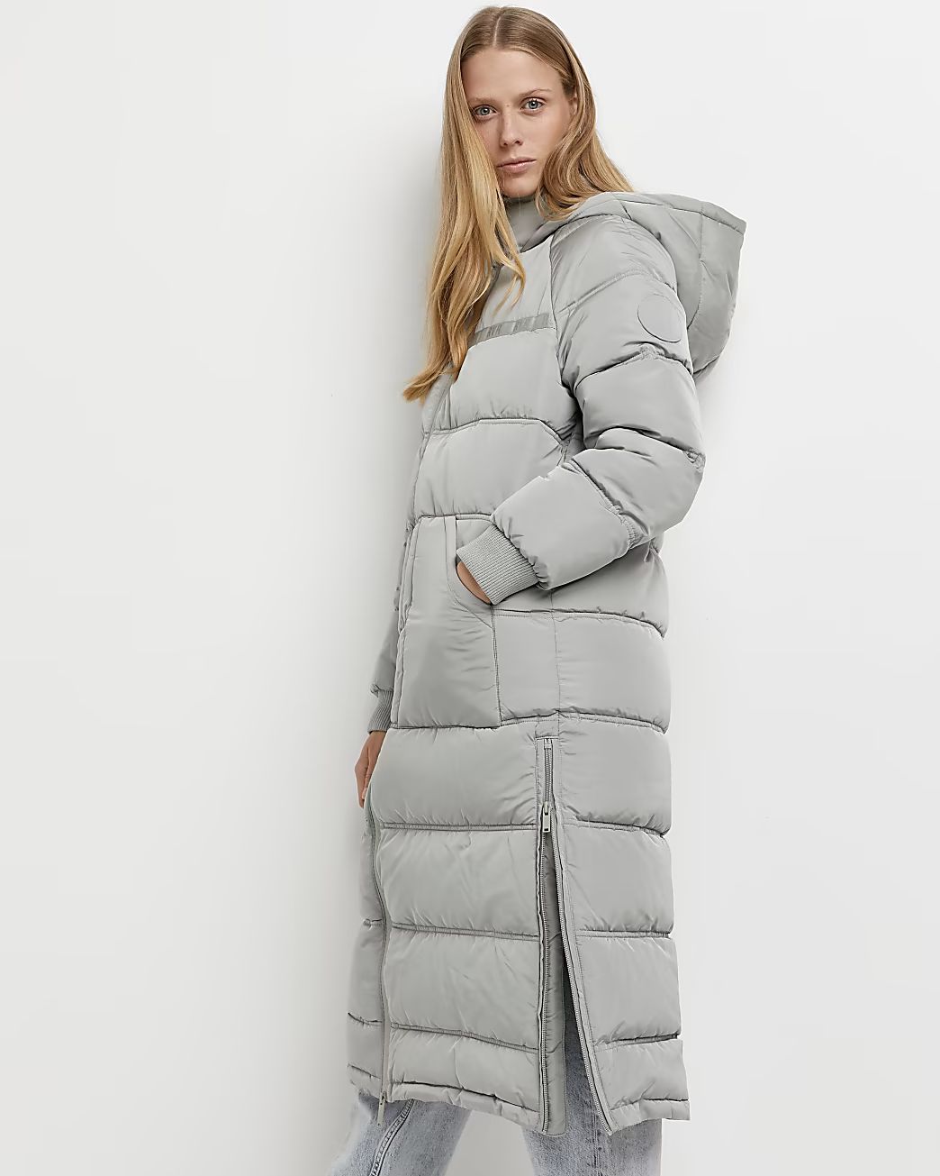 Grey zip detail longline puffer coat | River Island (UK & IE)