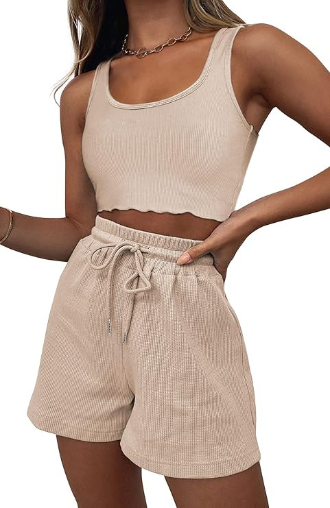Lingswallow 2 Piece Women Lounge Sets - Sleeveless Crop Top and Shorts Waffle Lounge Set Tracksui... | Amazon (US)