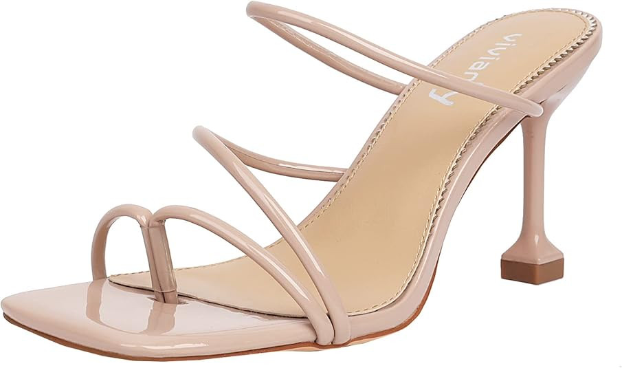 vivianly Women's Thong Heels Sandals Square Open Toe Strappy Heeled Sandal Slip on High Heel Summ... | Amazon (US)