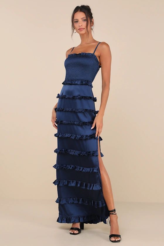 Sincerely Fabulous Navy Blue Satin Smocked Ruffled Maxi Dress | Lulus