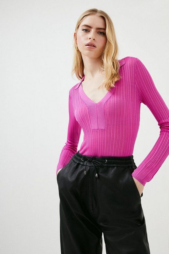 Slinky Rib Collared Zip Neck Sweater | Karen Millen US