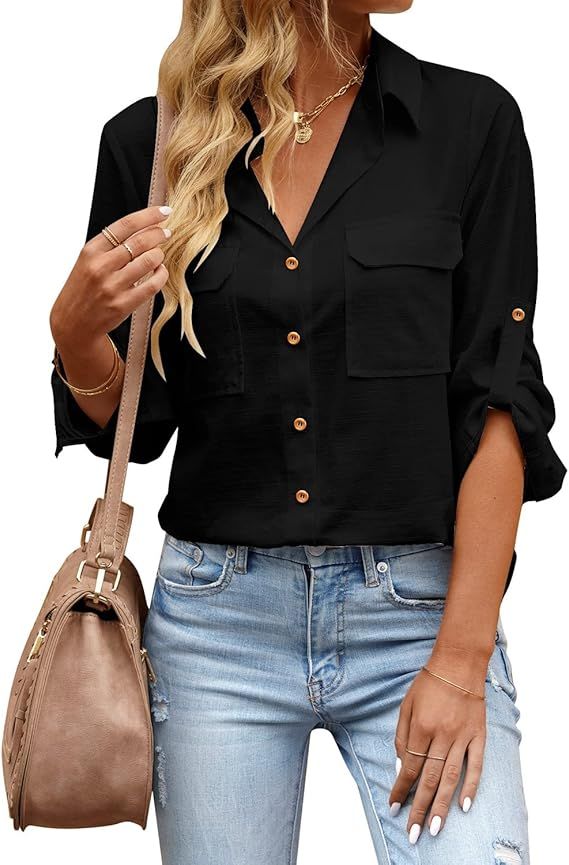 GRAPENT Women's Casual Button Down Shirt Long Sleeve Blouse Collared Loose Top | Amazon (US)