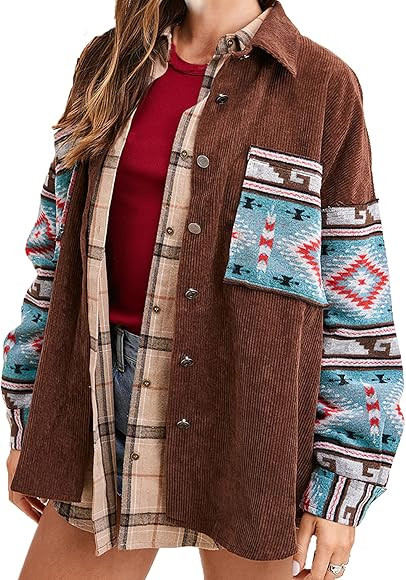 TIAFORD Aztec Spliced Corduroy Jacket Women Aztec Print Long Sleeve Button Down Shirts Casual Jac... | Amazon (US)