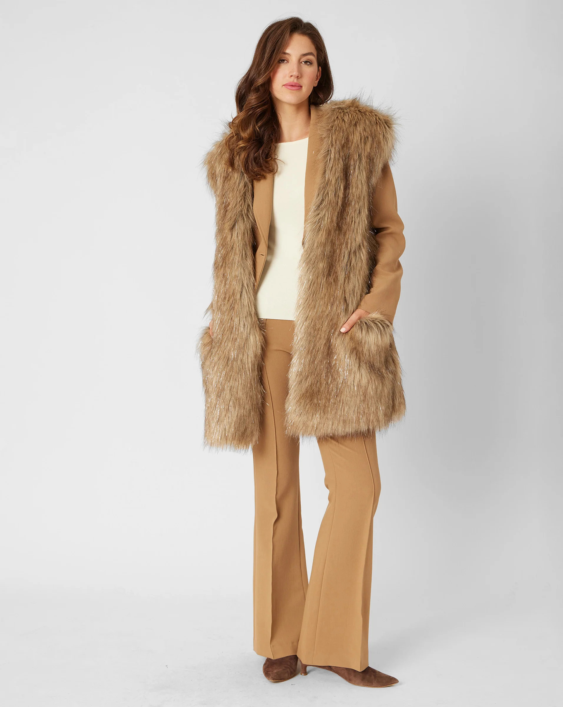 Adrienne Landau Cream Faux Fur Vest with Metallic Thread | Adrienne Landau